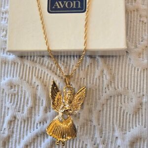 AVON Vintage Collectors 14K Gold Angel Necklace/ Broach with Rhinestone NWT